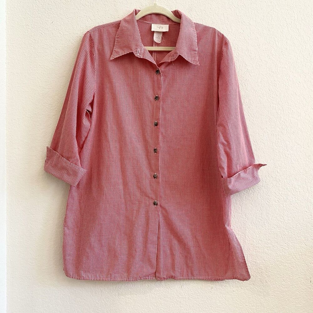 VTG Tofy Red White Gingham Tunic Blouse Top Women Size M Cotton Blend‎ Button Up